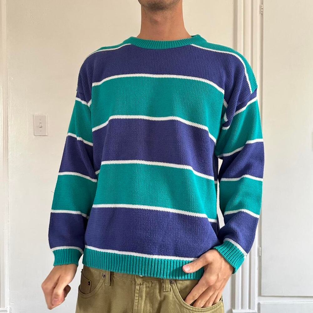 Perfect Vintage 80s Retro Thick Striped Cable Knit Cropped Pullover Sweater